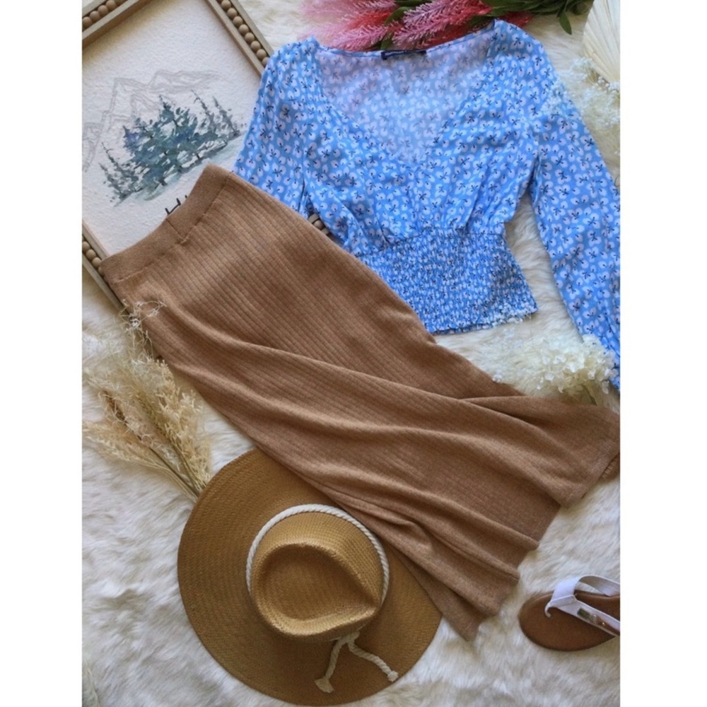 Free People XS Heathered Brown Ribbed Knit Slit Midi Skirt Western Boho Neutral - Picture 2 of 14